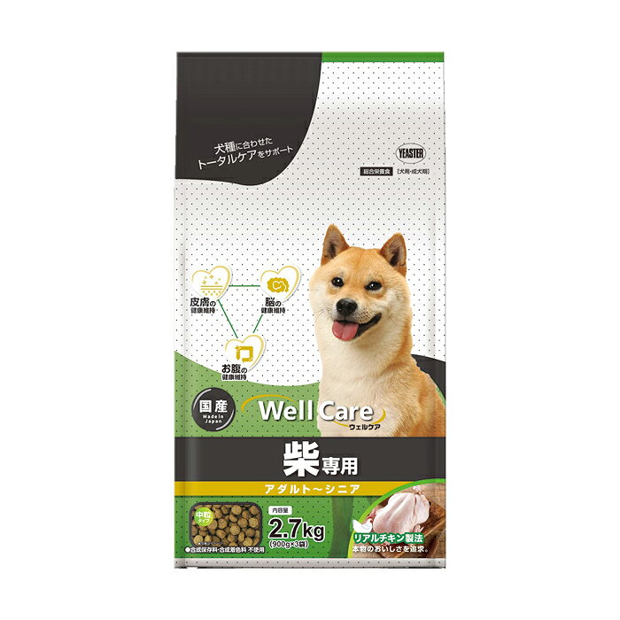 ・柴は、古来から日本人とともに暮らしてきた日本犬の一種です。ダブルコートによる特徴的な被毛がチャームポイント。柴専用は、皮膚の健康維持をサポートすることに着目しました。・被毛の土台となる皮膚の健康維持に配慮し、コラーゲン、月見草オイル、ビタミン類を配合。・お腹の健康維持に、食物繊維（ビートパルプ、セルロース）を配合。食物繊維により善玉菌が増えやすくなり、健康な便の維持に配慮。・毎日の健康維持に、抗酸化成分であるビタミンA、E、C、セレンを配合。・脳の健康維持に、DHA・EPAと中鎖脂肪酸を配合。中鎖脂肪酸は脳のエネルギー源の補給に配慮・和食で親しみのあるお魚素材(かつお、まぐろエキス、乾燥じゃこ)を配合。・柴は、古来から日本人とともに暮らしてきた日本犬の一種です。ダブルコートによる特徴的な被毛がチャームポイント。柴専用は、皮膚の健康維持をサポートすることに着目しました。・被毛の土台となる皮膚の健康維持に配慮し、コラーゲン、月見草オイル、ビタミン類を配合。・お腹の健康維持に、食物繊維（ビートパルプ、セルロース）を配合。食物繊維により善玉菌が増えやすくなり、健康な便の維持に配慮。・毎日の健康維持に、抗酸化成分であるビタミンA、E、C、セレンを配合。・脳の健康維持に、DHA・EPAと中鎖脂肪酸を配合。中鎖脂肪酸は脳のエネルギー源の補給に配慮・和食で親しみのあるお魚素材(かつお、まぐろエキス、乾燥じゃこ)を配合。【原材料】肉類(鶏肉、チキンミール)、小麦粉、米糠、コーングルテンフィード、米粉、コーングルテンミール、牛脂、ビートパルプ、ビール酵母、アルファルファミール、酵母エキス、精製魚油(DHA・EPA源)、乾燥じゃこ、オリゴ糖、セルロース、かつお・まぐろエキス、コラーゲン、パン酵母(セレン源)、月見草オイル(リノール酸、γ-リノレン酸源)、中鎖脂肪酸、殺菌処理乳酸菌、ミネラル類(食塩、炭酸カルシウム、硫酸亜鉛、硫酸銅、ヨウ素酸カルシウム)、ビタミン類(コリン、E、C、パントテン酸、B2、ナイアシン、イノシトール、A、B1、B6、葉酸、K、B12、ビオチン、D3)、香料(ローストガーリックオイル)、アミノ酸類(L-トリプトファン)【保証成分】たんぱく質25.5％以上　脂質11.0％以上　粗繊維4.0％以下　灰分9.0％以下　水分10.0％以下【エネルギー】330kcal以上/100g【メーカー名】イースター株式会社【原産国または製造地】日本