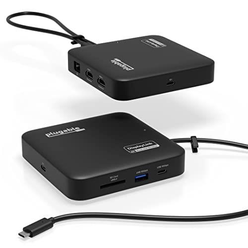 Plugable 7-in-1 USB-C ドッキングステーション デュアル HDMI 対応、Windows、Mac システム用 - USB4 Thunderbolt または USB-C ポート接続、100W PD、HDMI x2、USB-C x1、ギガビット・イーサネット x1、USB 3.0 x1、SD カード x1