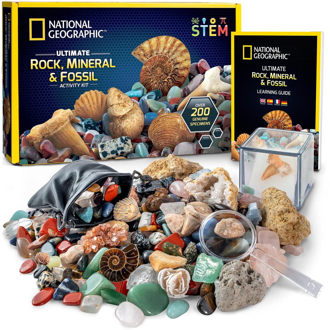 NATIONAL GEOGRAPHIC Rocks Fossils Kit – 200Piece Set Includes Geodes, Real Fossils, Rose Quartz, Jasper, Aventurine, Many More Rocks, Crystals Gemstones