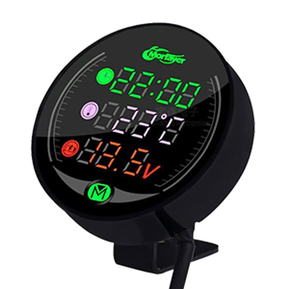 バイク デジタルメーター 電圧計 温度計 時計 防水 防塵仕様 LED デジタル表示 コンパクト 時計 多機能 マルチ電圧計 12V B-MAT01