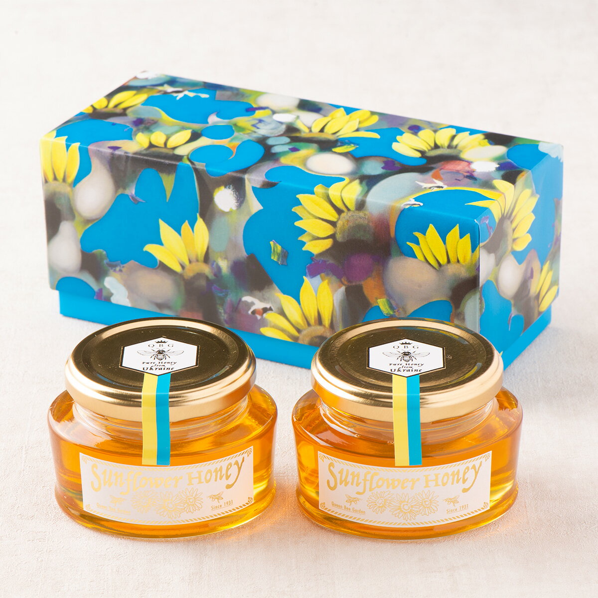 【QBG. Sunflower Honey from Ukraine ウクライナひまわりはちみつ アートギフトBOX】 ウクライナ 画家 コラボ 箱入り はちみつ ハニー honey