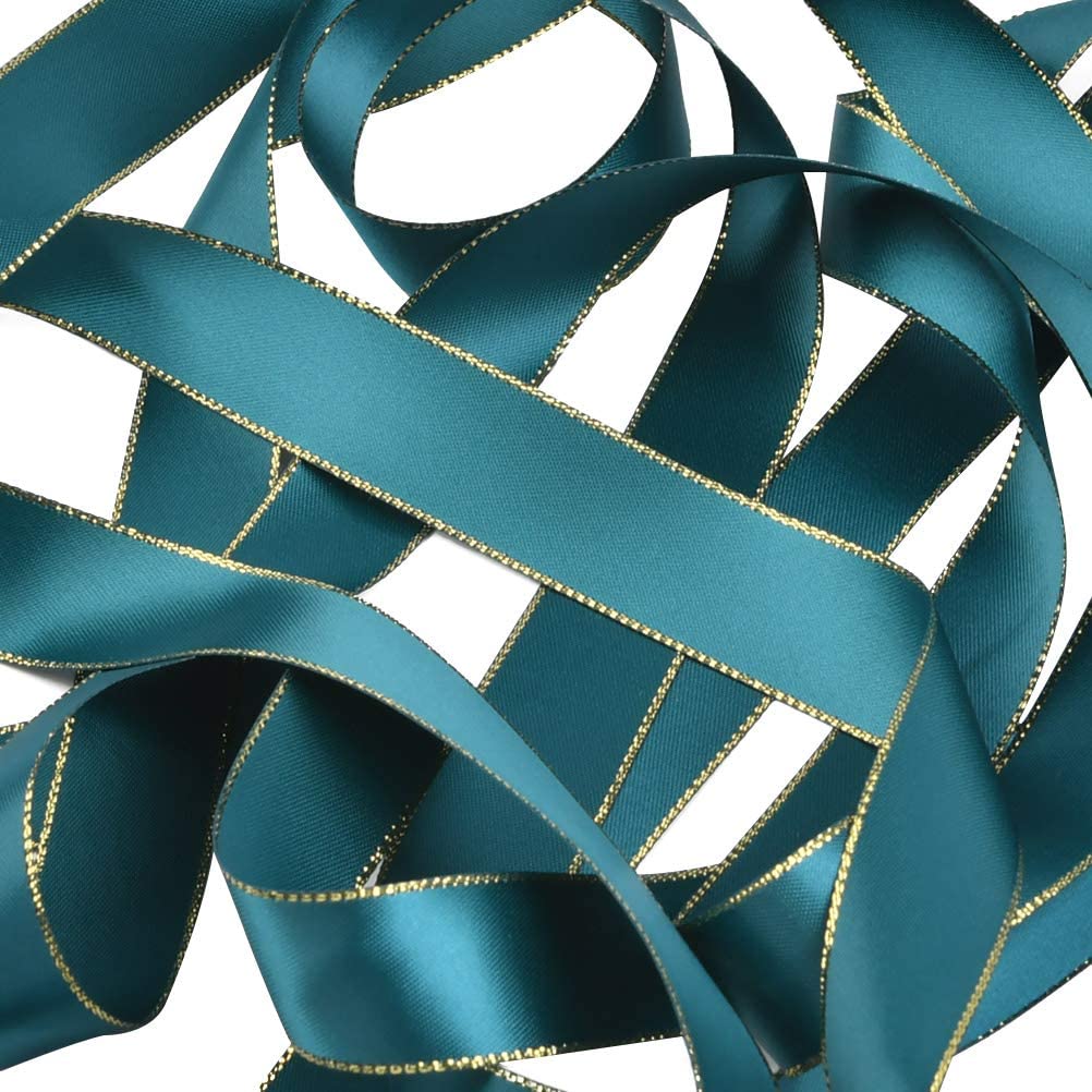 送料無料 サテン リボン 9.14m 幅22mm 手芸用リボン ラッピング リボン DIY 手作り 深緑+金縁 ポイント消化