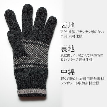 【送料無料 ネコポス発送】手袋 メンズ 防寒 暖かい スノー柄 雪柄 ノルディック柄 シンサレート 中綿入り フリース グローブ Thinsulate てぶくろ ニット 通勤 通学 極暖 アウトドア ブラック グレー お洒落 おしゃれ かっこいい ギフト プレゼント バレンタイン