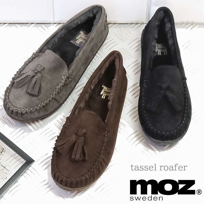 【OUTLET SALE!】MOZ モズ エルク ヘラジカ スエード調 ローファー 軽量 軽い タッセル ファー フラット ハンドステッチ モカ編み レディース シューズ 靴 ローカット 北欧 スェーデン カジュアル スタンダード 可愛い ベージュ ダークブラウン ブラック 23aw