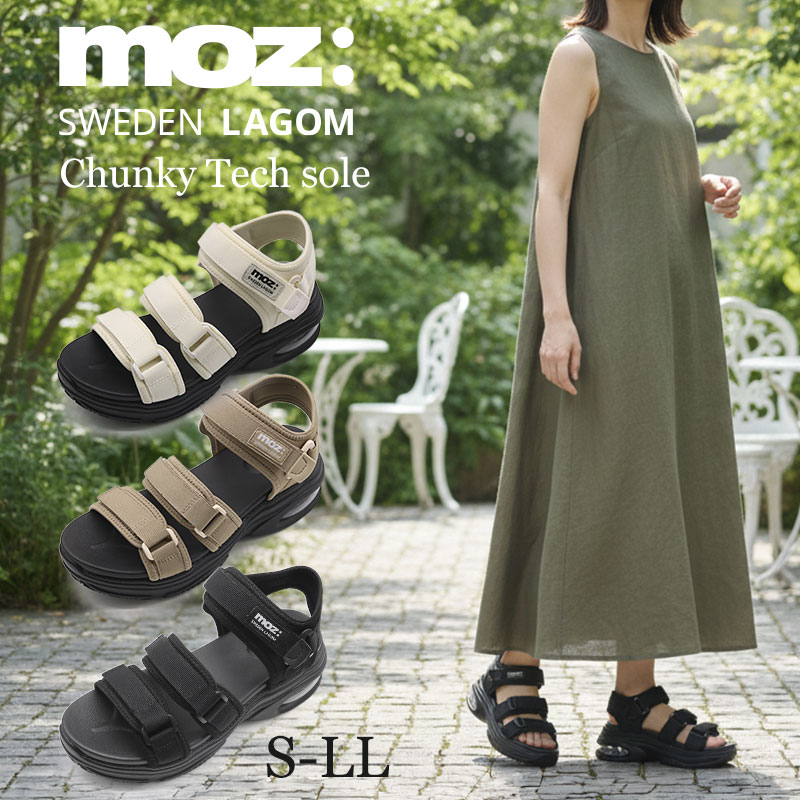 Rakuten - moz サンダル レディース 厚底 エアソール スポーツサンダル ベルクロ ストラップ 7cmヒール モズ 衝撃吸収 歩きやすい 痛くない 疲れない 蒸れない スポサン 美脚 スタイルアップ カジュアル アウトドア ブラック アイボリー カーキ