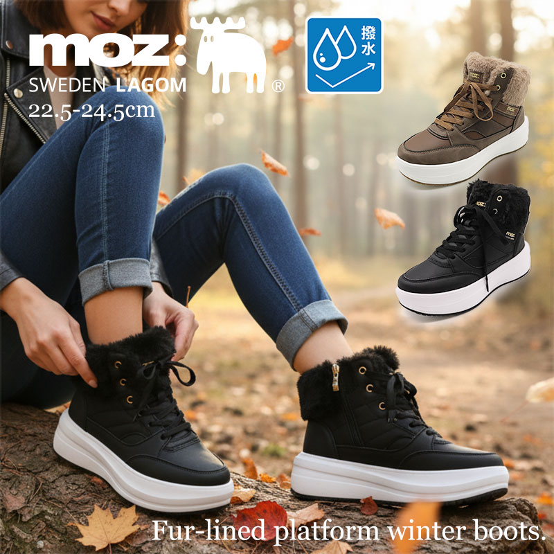 モズ スノーブーツ レディース 防寒 撥水 ウォータープルーフ 暖かい フェイクファー 滑りにくい 歩きやすい 履きやすい ショートブーツ レースアップ ファスナー スノーシューズ ウィンターブーツ 黒 ブラック 茶色 ブラウン アウトドア 秋冬