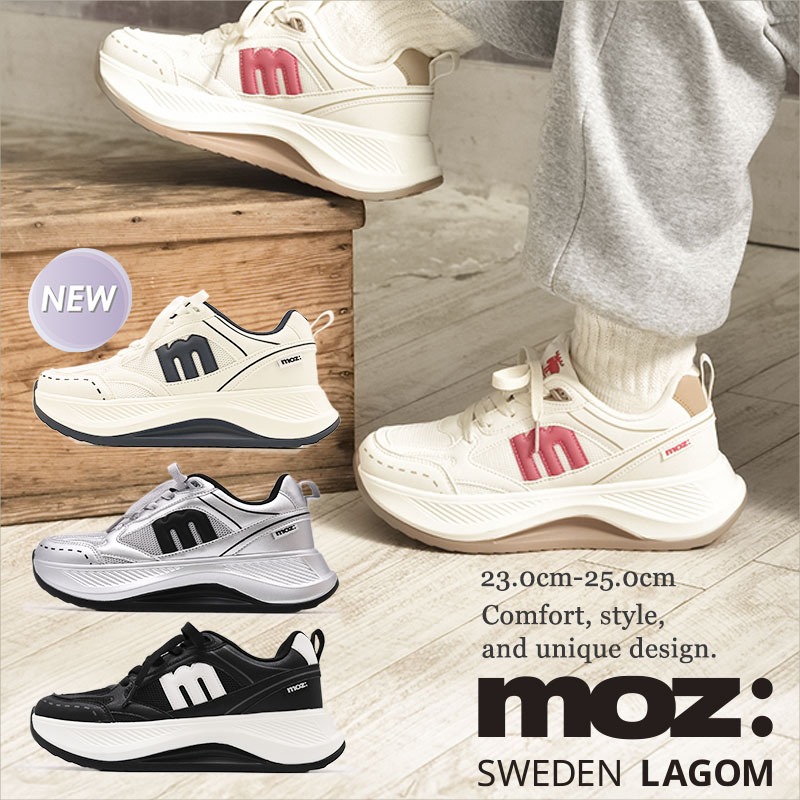 Rakuten - モズ レディース ダッドスニーカー 厚底 脚長 疲れない 履きやすい スムース メッシュ レースアップ フレアソール 安定感 スニーカー 歩きやすい 婦人 シューズ 靴 北欧 スェーデン カジュアル ピンク シルバー ブラック MOZLAGOM 春 夏 秋 冬