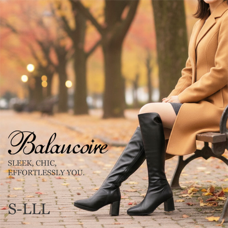 Balancoire ロングブーツ ブーツ レディース チャンキーヒール 6.5cmヒール 黒 ブラック 合皮 フェイク..