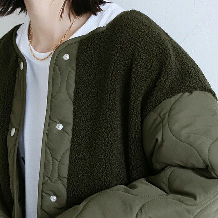 ノーカラーボア切替キルトコート アウター コート キルティング ノーカラー ボア ロングコート ロング ゆったり ビッグシルエット 中綿 【送料無料 】