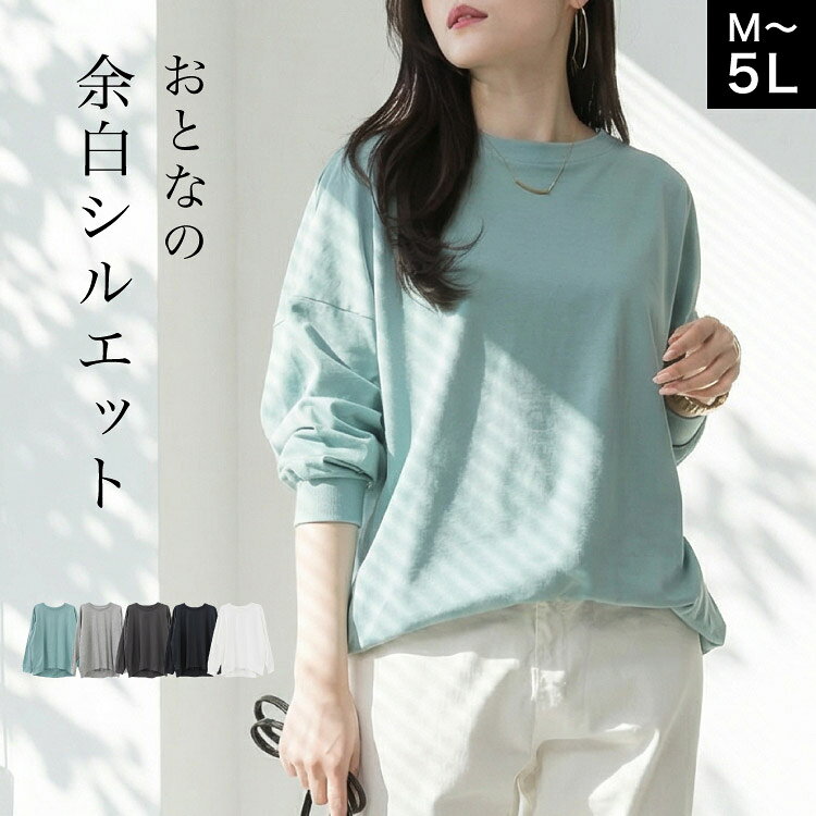 Rakuten - 【期間限定10%OFF】カットソー 長袖 レディース 綿100％ ゆったり 大きいサイズ ロンT トップス Tシャツ ビッグシルエット オーバーサイズ 体型カバー 春 秋 冬 無地 シンプル カジュアル コットン 大人 30代 40代 50代 黒 白 グレー ミント M L LL 3L 4L 5L