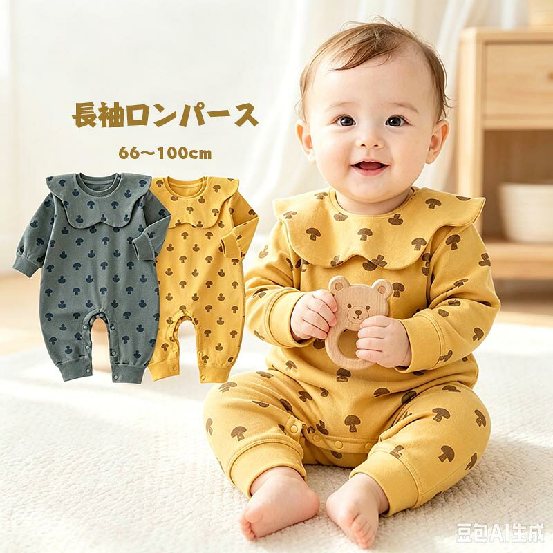 送料無料 【2色展開】キノコ柄 ベビー ロンパース 長袖 衿付き 新生児 赤ちゃん服 柔らかい 出産祝い ギフト プレゼント 通気性 カバーオール 毎日使える ベビーギフト 肌着 カバーオール 毎日使える 楽天海外通販