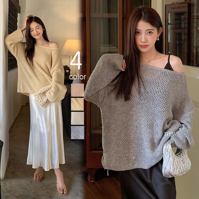送料無料 ニット スプリングニット トップス ニット レディース メッシュニット オーバーサイズ ボリュームスリーブ ルーズシルエット オフィス カジュアル きれいめ 大人 かわいい 春 秋 韓国 ミセスファッション 20代 30代 40代 50代 楽天海外通販