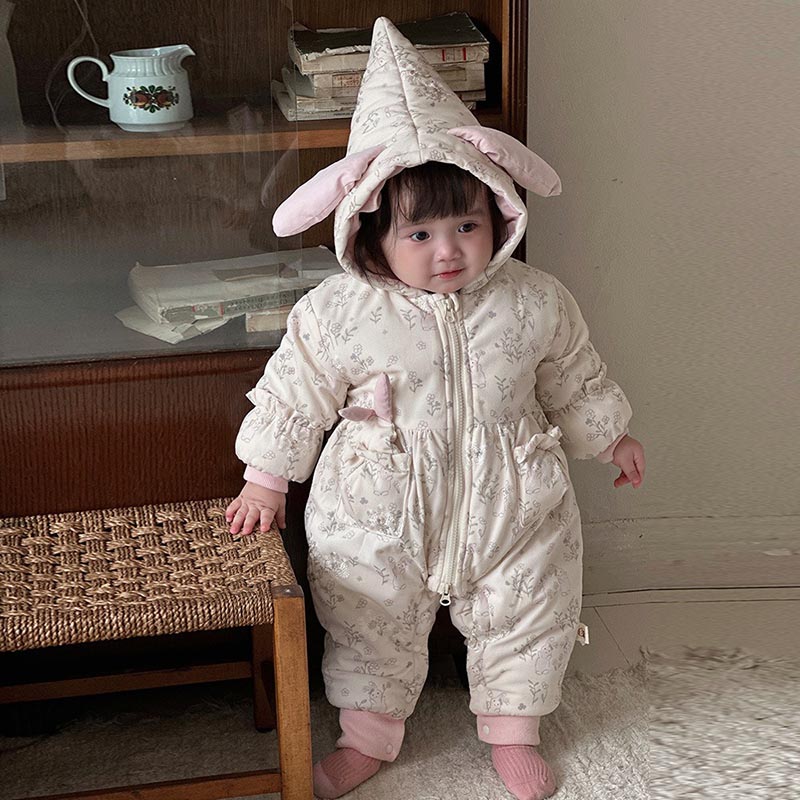 送料無料 ベビー ロンパース ジャンプスーツ 裏起毛 ウサギ耳 キッズ カバーオール 女の子 おしゃれ 赤ちゃん　あかちゃん アウター 冬 中綿 女の子 フード付き あったか 防寒 寝袋 長袖 寝巻き 幼児 キッズ服 春 秋 冬 撮影 楽天海外通販