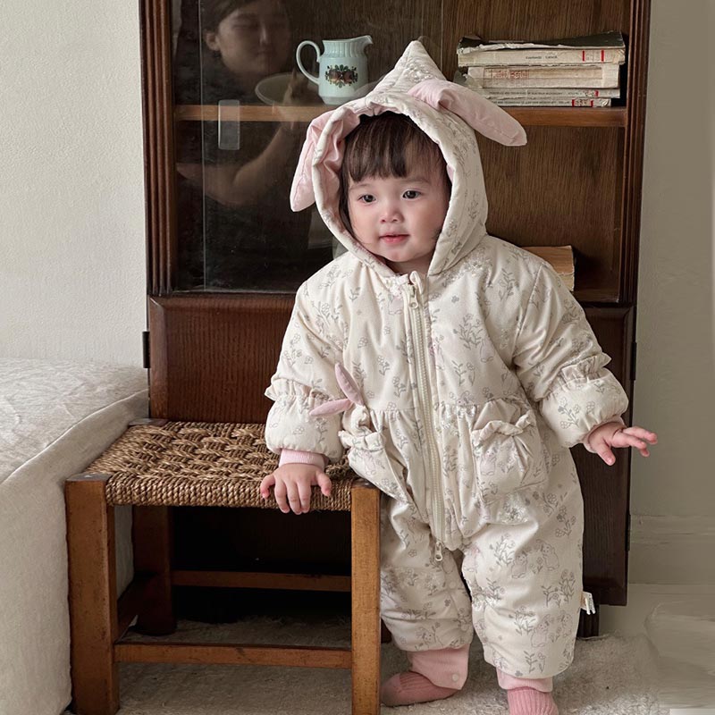 送料無料 ベビー ロンパース ジャンプスーツ 裏起毛 ウサギ耳 キッズ カバーオール 女の子 おしゃれ 赤ちゃん　あかちゃん アウター 冬 中綿 女の子 フード付き あったか 防寒 寝袋 長袖 寝巻き 幼児 キッズ服 春 秋 冬 撮影 楽天海外通販