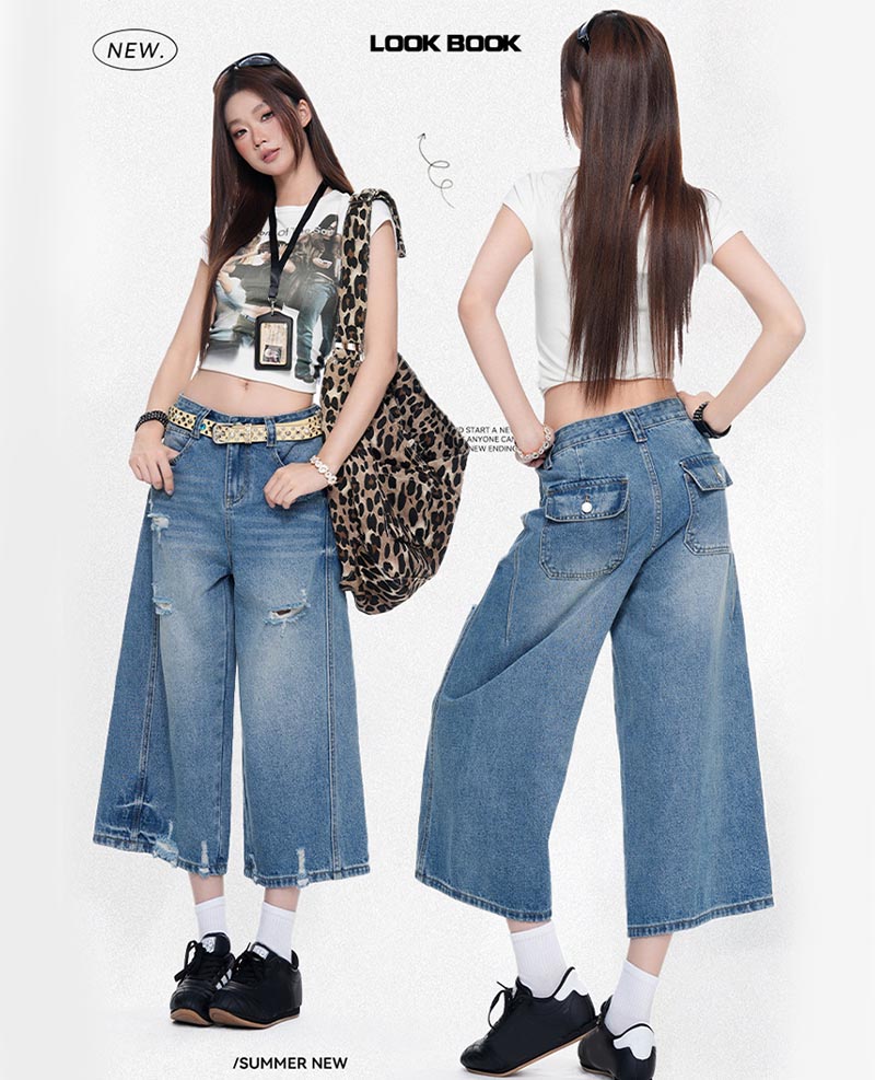 [Free Shipping] Women's 8/10 Length Denim Pants, Wide Leg Pants, Plus Sizes Available, Loose Fit, Leg-Flattering, Stylish, Thin, Soft, Lightweight Denim, Fashionable, Casual, Stylish, Rakuten Overseas Shopping