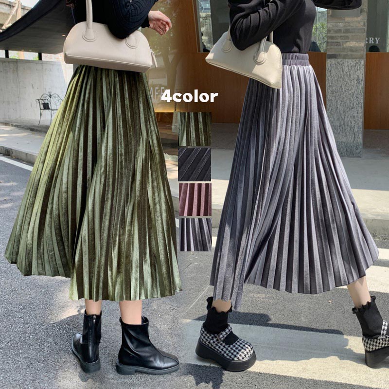 送料無料 プリーツスカート ベロア ロング ベロアスカート プリーツ スカート ロングスカート ハイウエスト レディース ロング丈 マキシ ミモレ ボトムス aライン オフィスカジュアル きれいめ 大人可愛い 秋冬 春 秋 冬 韓国ファッション カジュアル楽天海外通販