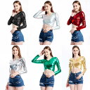 送料無料 ダンス衣装?ステージ衣装に!メタリック 長袖 Vネック カットソー トップス カットソー ショート丈 ヘソ出し コスプレ コスチューム Tシャツ 大き...