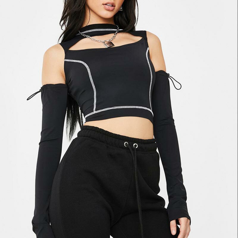 送料無料 ダンス衣装 ダンストップス へそ出し カットソー レディース 長袖 韓国 ダンス 衣装 ヒップホップ 韓国ファッション ストリート系 ファッション 肩見せ ツートン へそ出し かっこいい おしゃれ かわいい ステージ衣装 楽天海外通販
