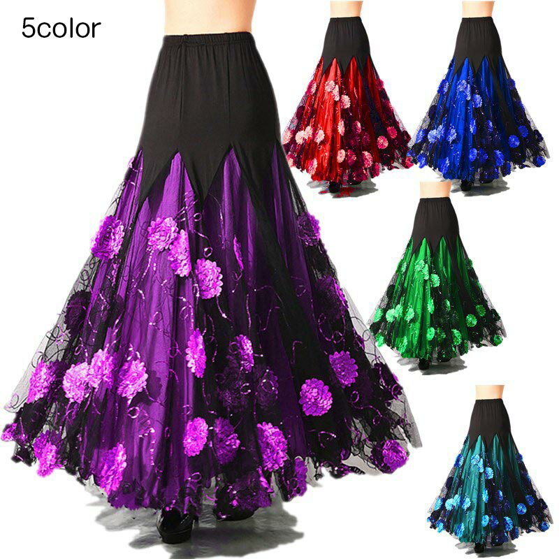 送料無料 社交ダンス 衣装 スカート モダンスカート ロングスカート 裾フリル 花 フワラー付き 広がるダンス スカート ワルツ ダンス 練習着 レッスンウェア...