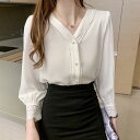 送料無料 シャツ ブラウス シフォン ブラウス レディース きれいめ パール付き オシャレブラウス 無地シャツ 長袖トップス 袖レース vネックブラウス 大人 ゆったり シャツ30代 40代 50代 春 秋 冬オフィス OL 通勤 フォーマル 着痩せ カジュアル 無地 韓国 楽天海外通販(4)
