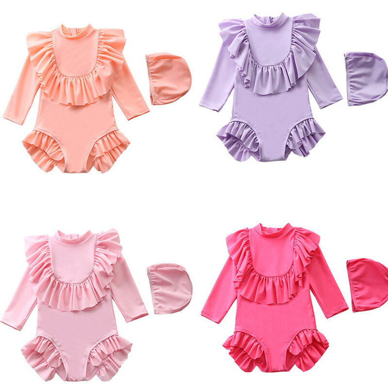 送料無料 子供水着 2022 New Arrival 100~150cm 全4カラー フリル 長袖 キャップ付き ワンピース水着 オールインワン ジュニア ラッシュガード 水着 女の子 ワンピース 水着 キッズ ガールズ キッズ 水着 子ども用 スクール水着 みずぎ 楽天海外通販