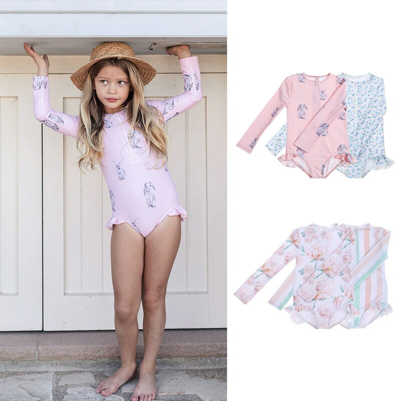 送料無料 New Arrival 子供水着 キッズ 子供 オールインワン 水着 長袖 ワンピース ウサギ 花 ストライプ rabbit バラ ジュニア ラッシュガード 水着 女の子 ワンピース キッズ 水着 女の子 ガールズ ジュニア キッズ 子供 子ども用 水着 スクール水着 みずぎ 楽天海外通販