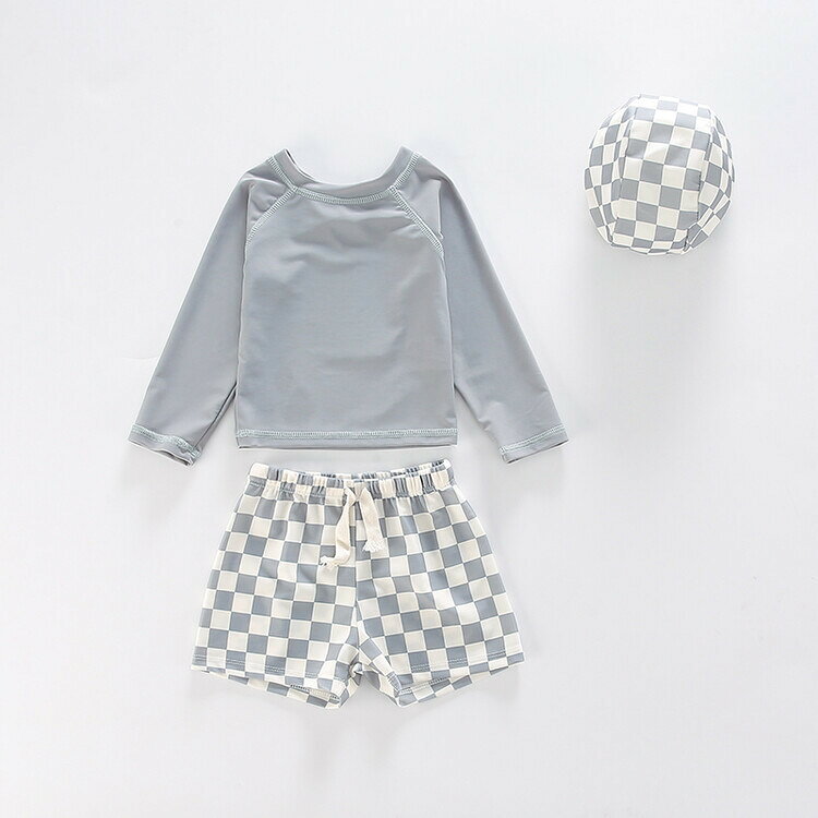 送料無料 New Arrival 子供水着 90~130cm 3点セット boy 長袖 チェック スイムウェ...