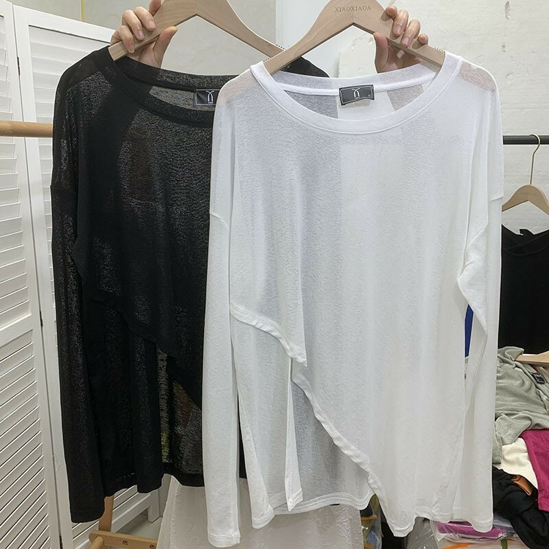 送料無料 透け感 レイヤード シアートップス 水着カバー シアー 薄手 Tシャツ 長袖 薄手 透け感 涼しい..