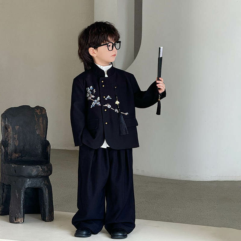 送料無料 子供服 フォーマルスーツ 男の子 3点セット ジュニア キッズ 梅花 刺繍 フォーマル ベビー 赤..