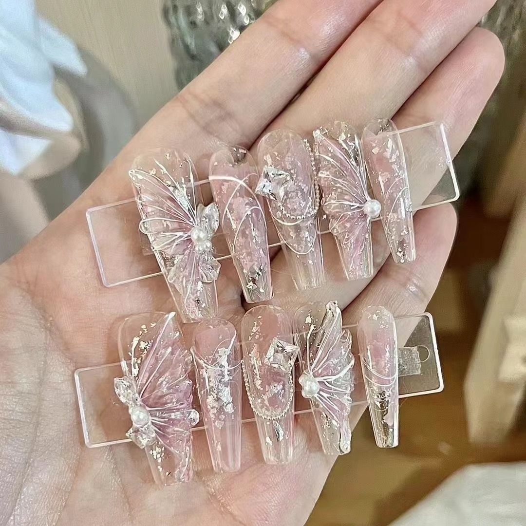 送料無料 ネイルチップ 10枚入り ゴシック風 ラインストーン パール 蝶々 butterfly 立体 透明 キラキラ スクエア ロング 貼るネイル つけ爪 淡い アートチップ デザインチップ 付け爪 結婚式 披露宴 成人式 ウエディング ブライダル ジェルネイル オシャレ 楽天海外通販