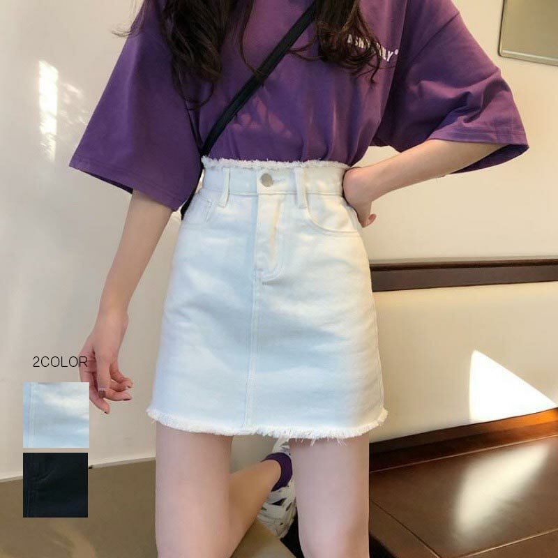 送料無料 デニム ミニスカート レディース 春夏 秋 おしゃれ かわいい ボトムス タイトスカート ショート丈 ミニ丈 ミニスカ 台形 ハイウエスト ベルトループ ポケット ダメージ加工 カジュアル ガーリー ストリート デイリー 普段着 楽天海外通販