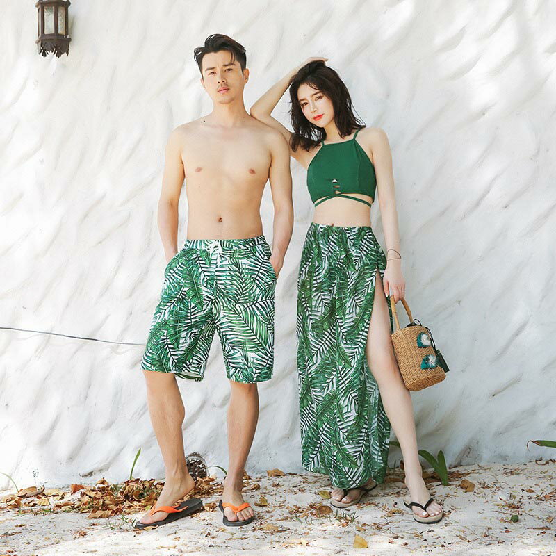 送料無料 ペア水着 カップル水着 サーフパンツ メンズ レディース水着 カップルお揃い ビーチ水着 ビーチパンツ バンドゥビキニ ペア 短パン ママ 体型カバー ビーチパンツ ご夫婦 恋人 彼女 新婚旅行 水着 夏 海 プール 花柄 温泉 タンキニ 3点セット 楽天海外通販