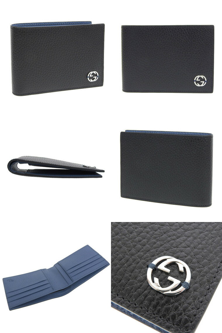 グッチ GUCCI 二つ折り財布 財布 札入れ レザー ブラック×ブルー メンズ 611229cao2n1040 アウトレット