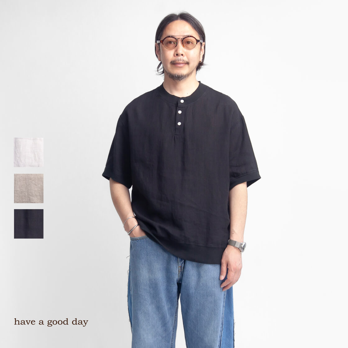 have a good day ハブアグッドデイ 麻100％ リネン ヘンリーネック半袖シャツ 日本...