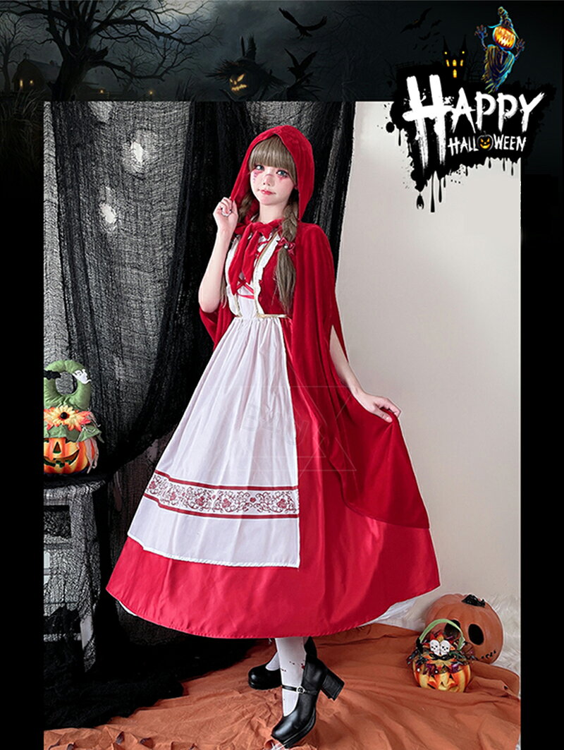 ハロウィン コスプレ 衣装 仮装 赤ずきん ワンピース ロング丈 かわいい マント付き 制服 定番 半袖 コスチューム コス ドレス 大きいサイズ 大人用 舞台 イベント 演出服 レディース パーティー クリスマス marcha-shop-10004098 カーペット専門店Marcha サンプル画像3