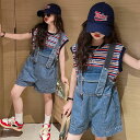 【送料無料】夏 夏服 サロペット パンツ ボーダー柄 Tシャツ + オーバーオール 2点セット オールインワン ジーンズ 可愛い 子供服 キッズ ジュニア ボト...