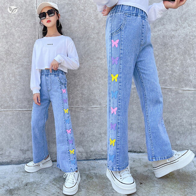 乐天商城 - ファッション 可愛い 子供服 子供 女の子 ジーンズ デニム ワイドレッグパンツ ブルー レジャー キッズ ガールズ ボトムス ベビー服 長ズボン ロングパンツ お出かけ 通学着 コーデ 春着 秋着 子ども服 パンツ 120 130 140 150 160 170 cm