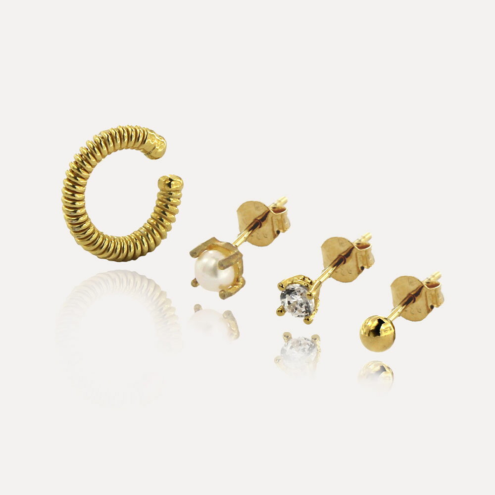 MESH ラウンド&アラウンドセット(イヤーカフ1点・ピアス3点) シルバー925 18Kゴールドコート Gold Earrings ギフトBOX入り ジュエリークロス付き ハンドメイド ポルトガル直輸入 SET012