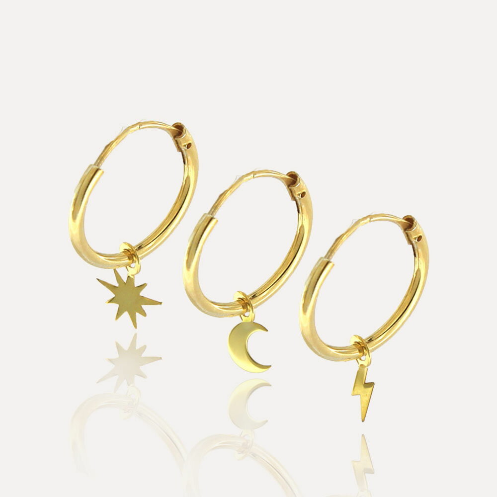 MESH フープピアス3点セット(ムーン・スター・ライトニング) シルバー925 18Kゴールドコート Gold Earrings ギフトBOX入り ジュエリー...