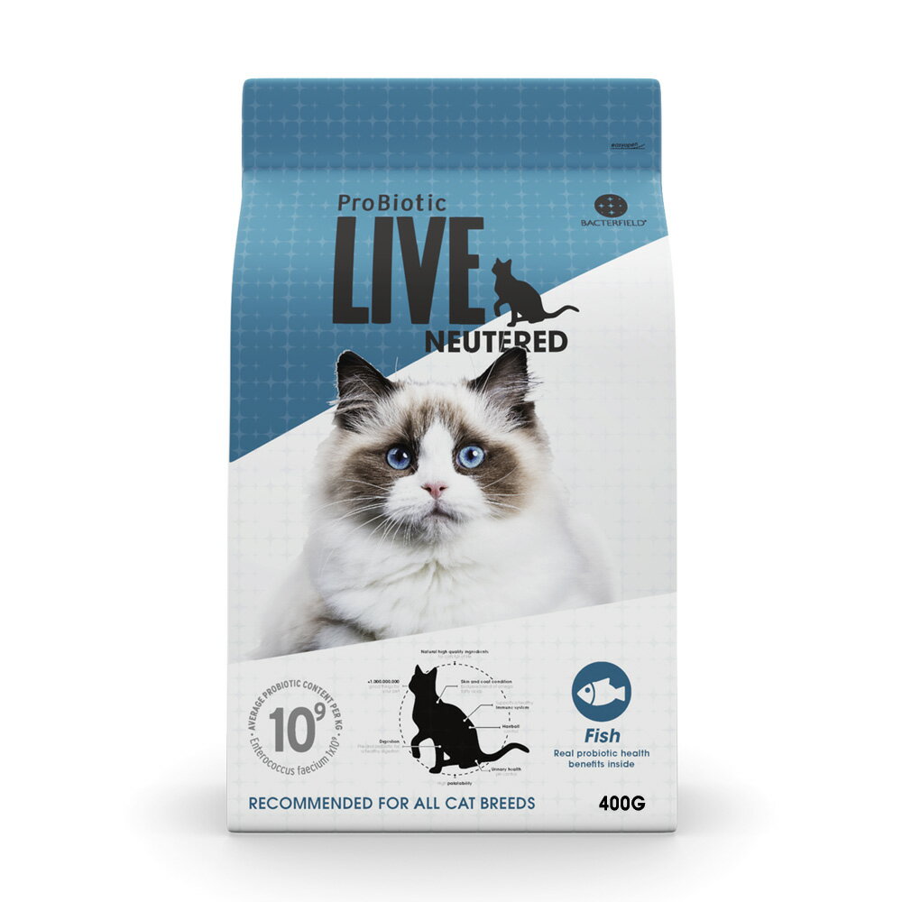 ProBiotic LIVE 避妊 去勢猫用 フィッシュ400g 特許取得 機能性スーパープレミアムキャットフード プロバイオティック ライブ 生きた善玉細菌配合 無添加原料 BACTERFIELD