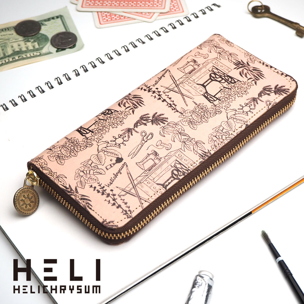 【納期約3週間】ラウンドファスナー長財布 HELI ATELIER アトリエ 日本製 ヘリクリサム アートプリント 本革 財布 レディース ラウンド長財布 絵画風 水彩画風 ヌメ革 姫路レザー Helichrysum 手書き風 フルレザー 経年変化 送料無料
