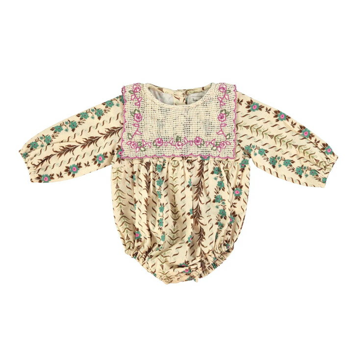bebeorganic べべオーガニック ロンパース 総柄 長袖 フローラルストライプ 花柄 刺繍 襟 襟付き 秋冬 オーガニックコットン bebe oraganic べべ オーガニック 赤ちゃん ベビー 出産祝い ギフト エストニア インポート 輸入 ベビー服 子供服 上質 高級