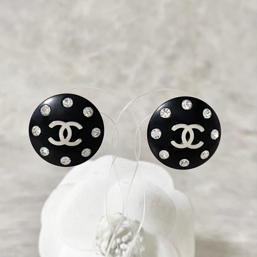 CHANEL シャネル イヤリング ココマーク 黒 スタッズ ストーン 丸 シルバー ロゴ 【中古】(4)