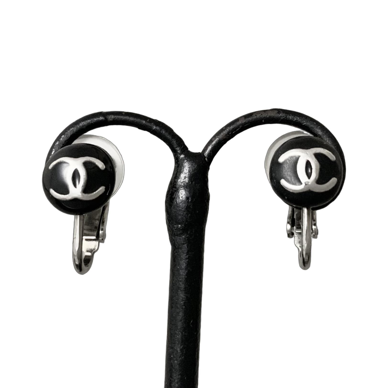 CHANEL シャネル イヤリング 小ぶり ミニ ココマーク フープ ブラック 丸 シルバー ロゴ 【中古】