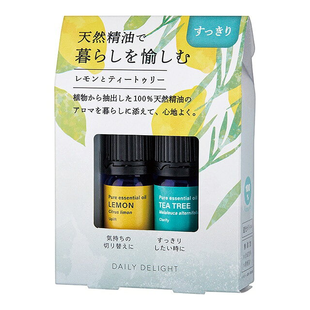 GPP■　デイリーディライト草、花、樹木、果実などの自然の恵みが詰まった100％天然のアロマオイル（精油）の2本セット。気分やシーンに合わせて、暮らしをもっと心地よく。アロマを始めたい人や贈り物にもおすすめの、手軽に使えるミニサイズです。 セット内容 エッセンシャルオイルS(レモン、ティートゥリー） 3mL 内容量 3mL×2個 サイズ 外装：W80×D25×H115mm