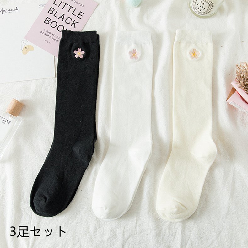 【3足セット】ハイソックス 靴下 レディース 桜 さくら ゆったりハイソックス 無地ハイソックス ハイゲージベタハイソックス 綿 ハイ 靴下 夏 春 秋 パンプ...
