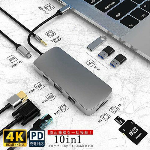 Type-C 10ポート ハブ ドッキングステーション 10in1 スペースグレー USB Hub HDMI 出力 PD給電 USB3.0 SDカードリーダー Micro カードリーダー マイクロ 変換 アダプタ Mac MacBook Pro対応