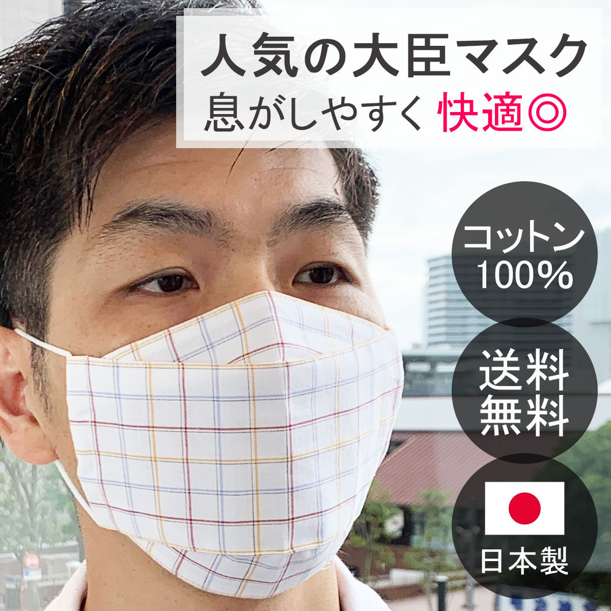 日本製 布マスク 夏用 大臣マスク 大きめ おしゃれ 舟形 折り返し 薄手 洗える 敏感肌 天然素材 立体型 ★カラーラインのチェック柄 コットン 【Y356】【送料無料】【あす楽】