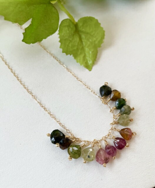 【トルマリンネックレス】　14kgfトルマリンネックレス　京都marimariオリジナル　マルチカラートルマリンネックレス　送料無料です！カットがキラキラきれいです。プレゼント　10月　誕生石(4)