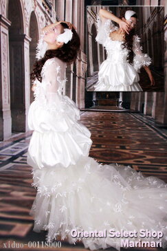 ボレロ付きオーガンジートレーンウェディングドレス 結婚式 ブライダル 二次会 パーティー 披露宴スレンダーラインホワイトドレス